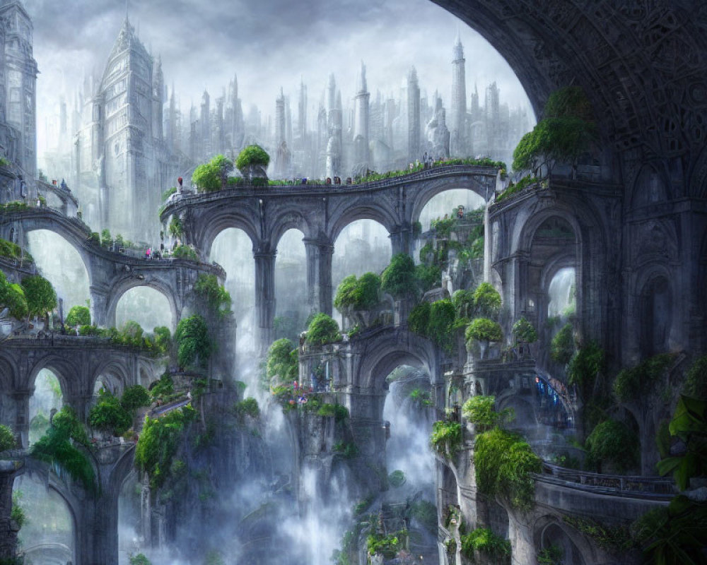 Mystical city with towering spires and ancient bridges in misty landscape