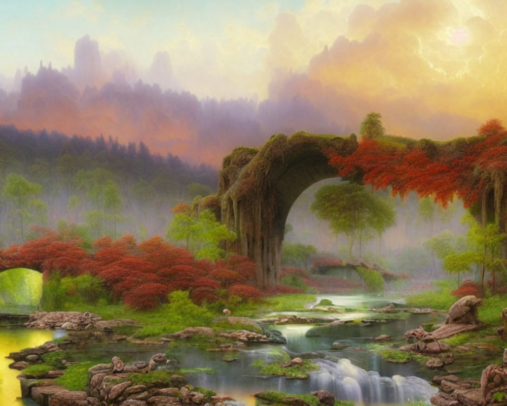 Serene fantasy landscape with stone bridge, red foliage, river, waterfalls, and misty sunset