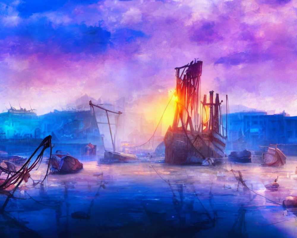 Vivid digital artwork of serene harbor scene at sunset