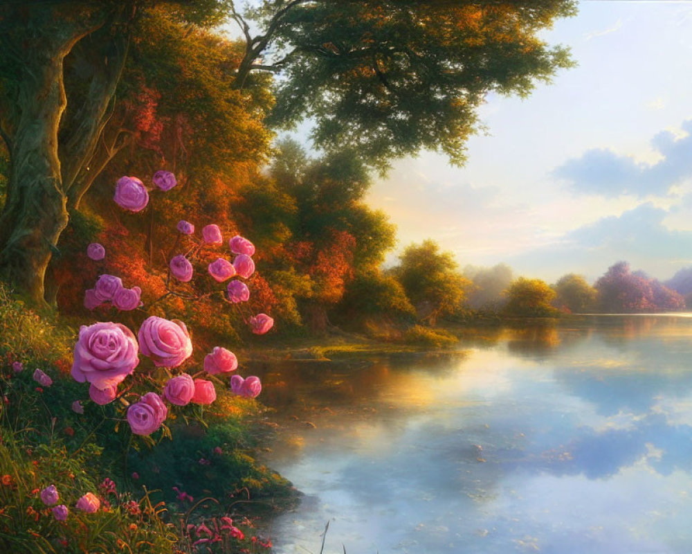 Tranquil riverside scene with pink roses, lush trees, and soft golden light