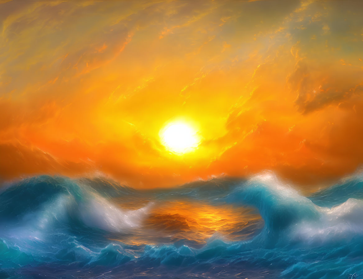 Colorful digital artwork: Sunset over turbulent ocean waves