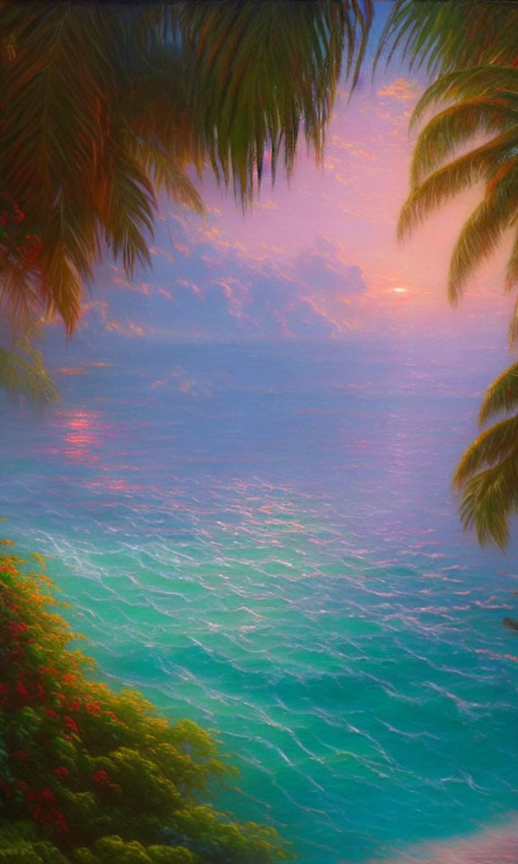 Scenic tropical sunset with ocean view and palm trees