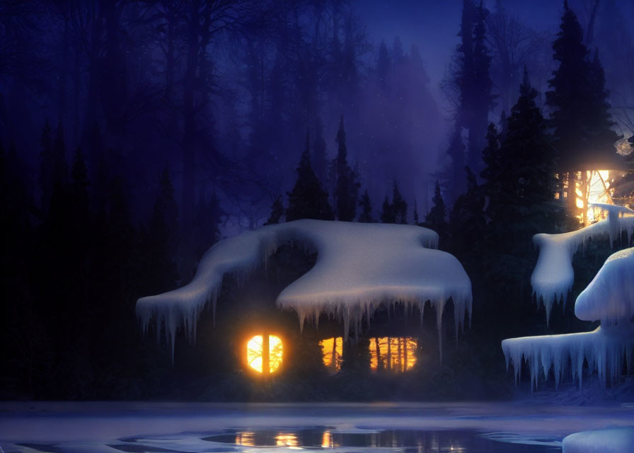 Snow-covered cabin in mystical winter forest under twilight sky