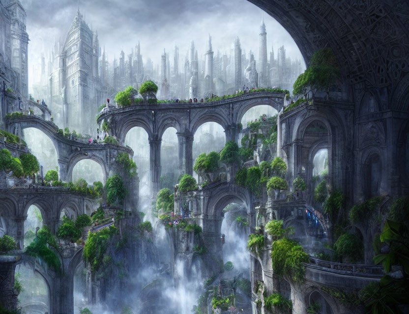 Mystical city with towering spires and ancient bridges in misty landscape