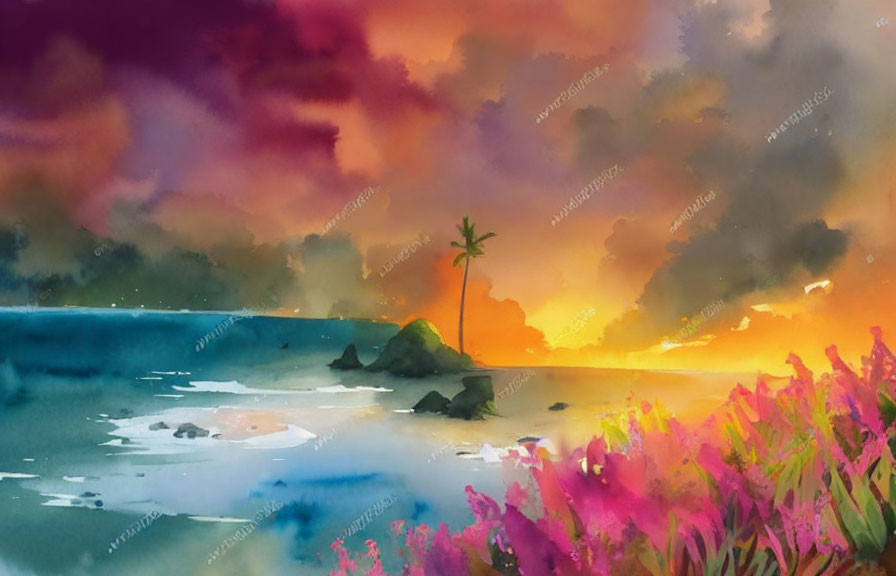 Vivid Watercolor Painting: Tropical Sunset with Palm Tree Silhouette