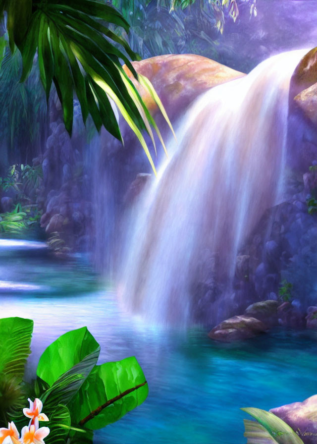 Tranquil waterfall in lush greenery with vibrant flowers