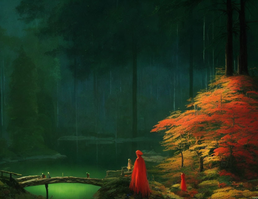 Tranquil forest pond with figures in red cloaks