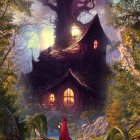 Enchanted forest scene with mystical treehouse, colorful flora, and figure in red cloak