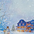 Snowy Winter Village Scene with Cozy Houses and Falling Snowflakes