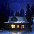 Snow-covered cabin in mystical winter forest under twilight sky