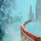 Red train on curved track near mist-shrouded islands with castle-like structures