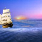 Majestic sailing ship with unfurled sails on turbulent ocean waves