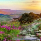 Serene fantasy landscape with stone bridge, red foliage, river, waterfalls, and misty sunset