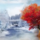 Tranquil landscape with misty mountains, reflective lake, snow patches, and vibrant orange tree