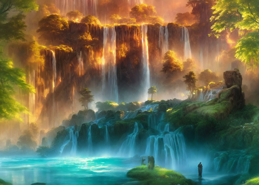 Majestic waterfall with multiple cascades in verdant forest