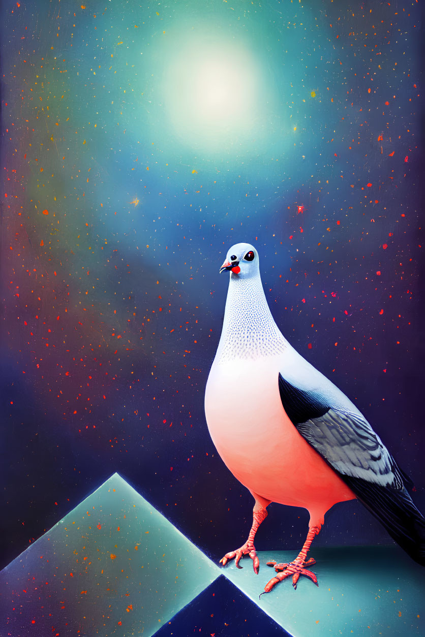 Surreal pigeon with humanoid face on geometric shape in cosmic setting