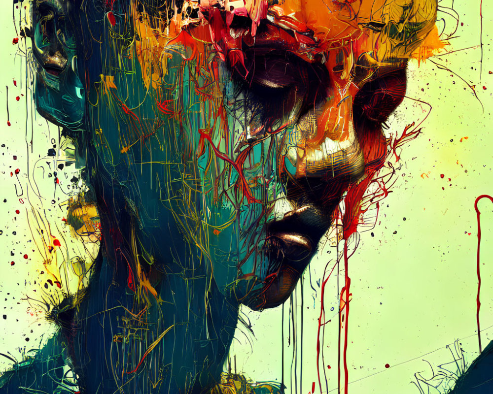 Colorful abstract art: merging faces with vibrant paint strokes