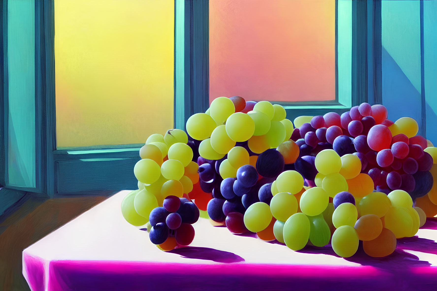 Colorful clusters of grapes on a table by a window in vibrant digital art