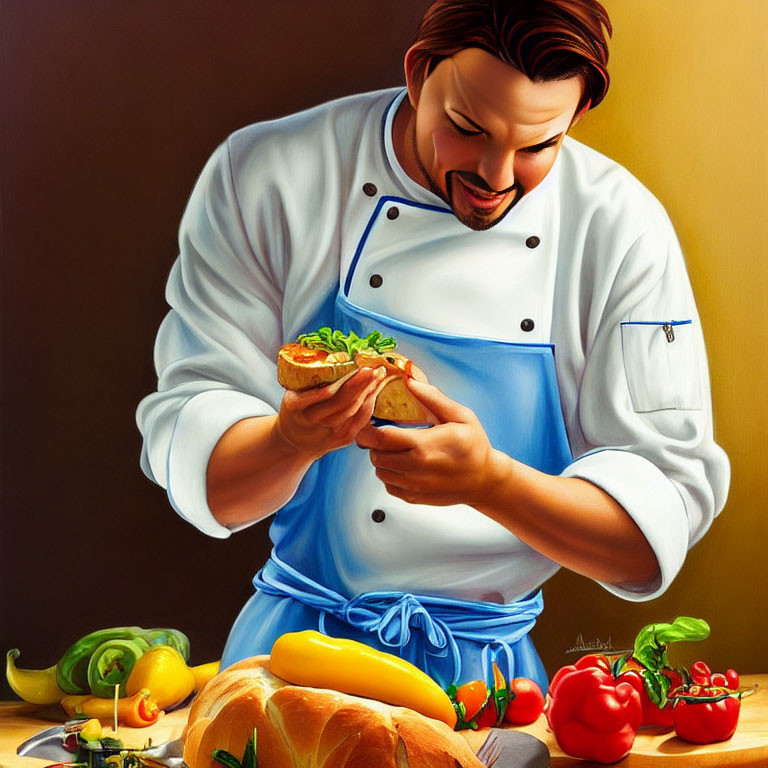 Smiling chef in white jacket admires fresh sandwich with vegetables