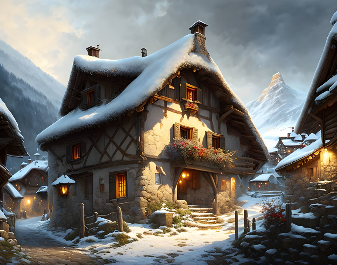 Snow-covered traditional houses in quaint mountain village at twilight