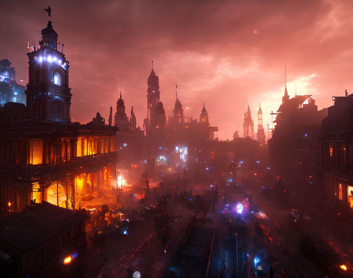 Dystopian cityscape with neon lights and gothic architecture at sunset