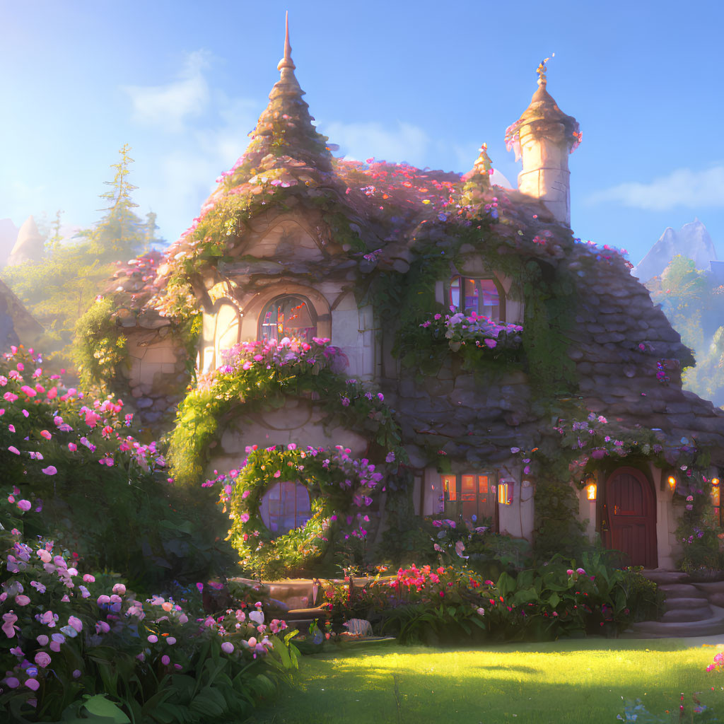 Pink Flower-Covered Cottage in Warm Sunlight