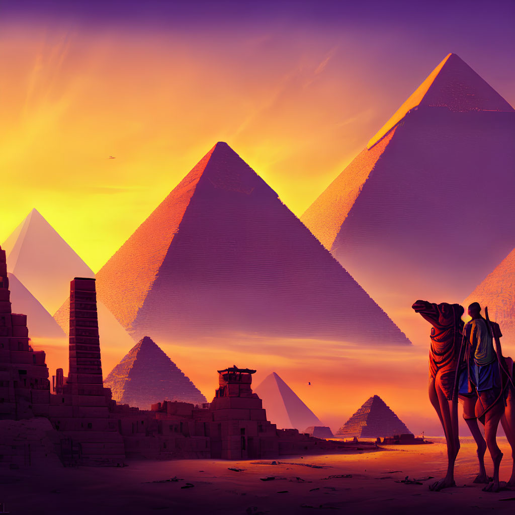 Silhouette of two people, camel, Great Pyramids of Giza at sunset