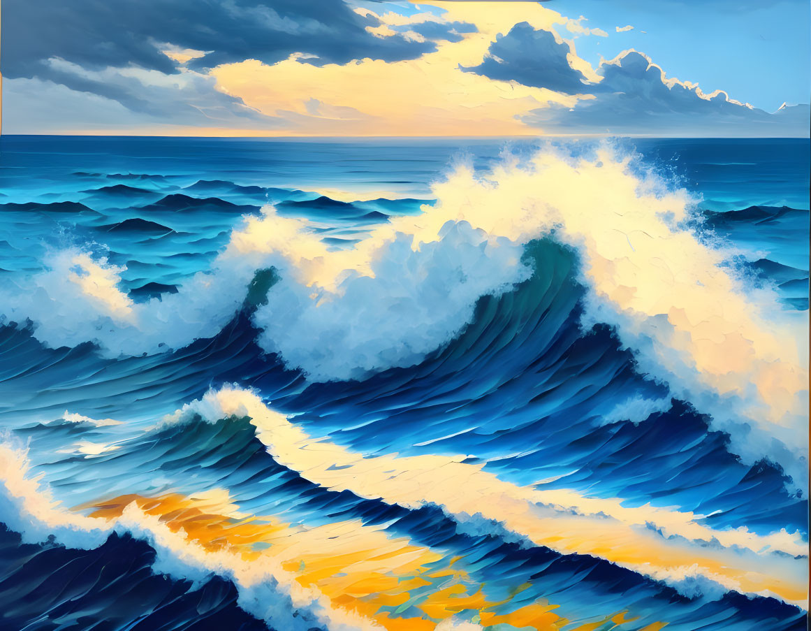 Vibrant digital painting of dramatic ocean waves and sunset sky