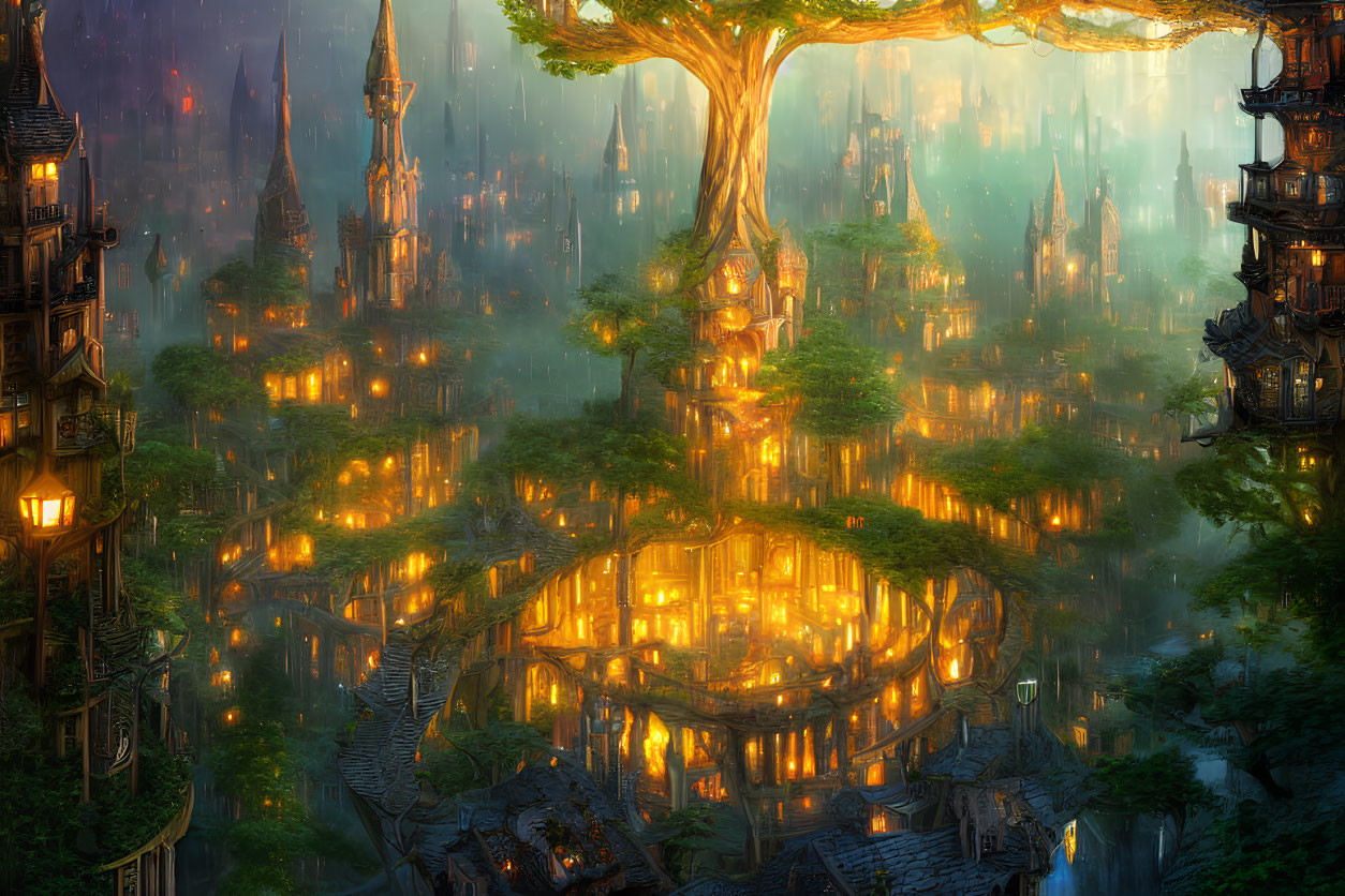 Fantasy city with glowing lights in lush forest by tranquil lake