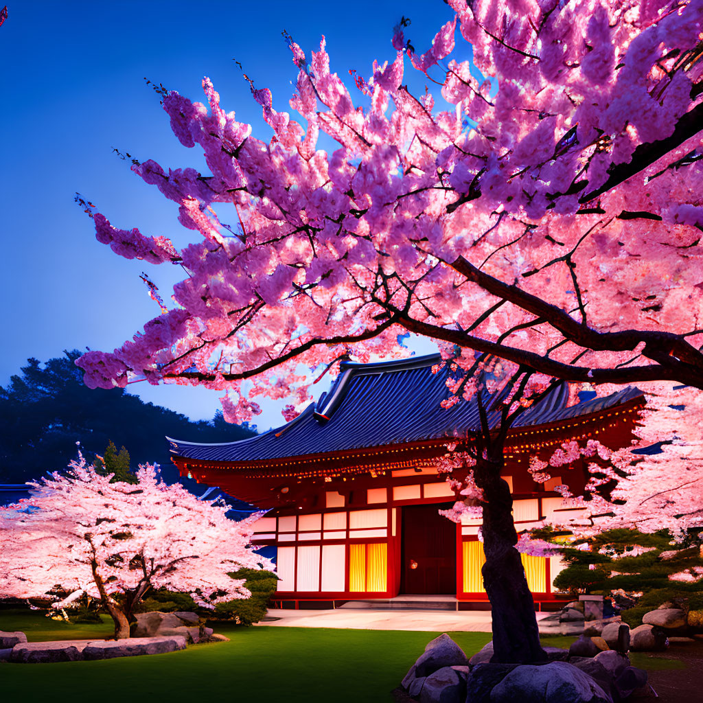 Traditional Japanese Building with Pink Cherry Blossoms at Dusk