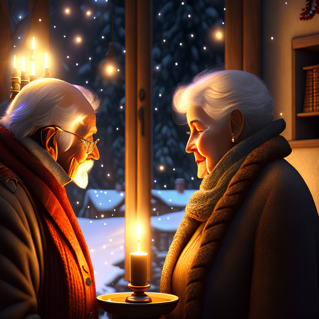 Elderly Couple in Warm Clothing Enjoy Candlelit Moment in Snowy Setting