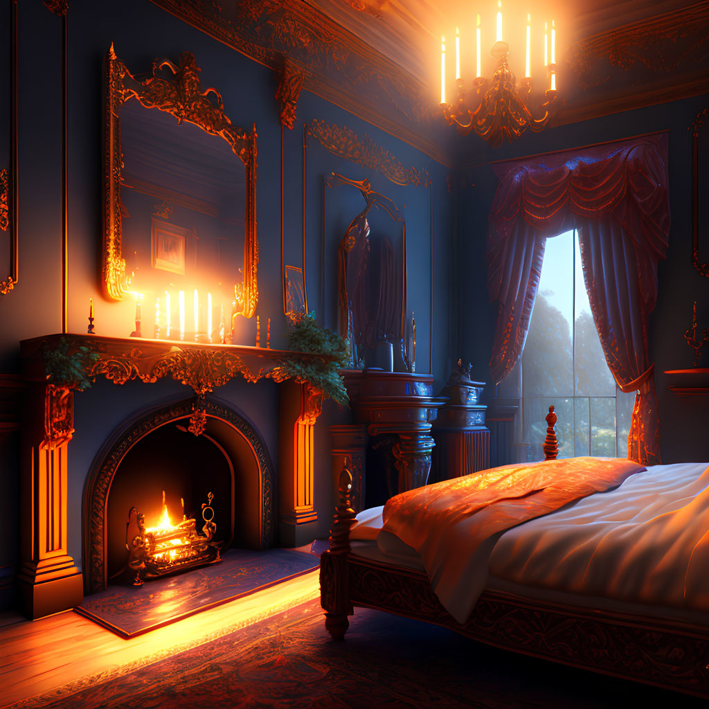Luxurious Bedroom with Fireplace, Ornate Furniture, Chandelier, and Sunlight