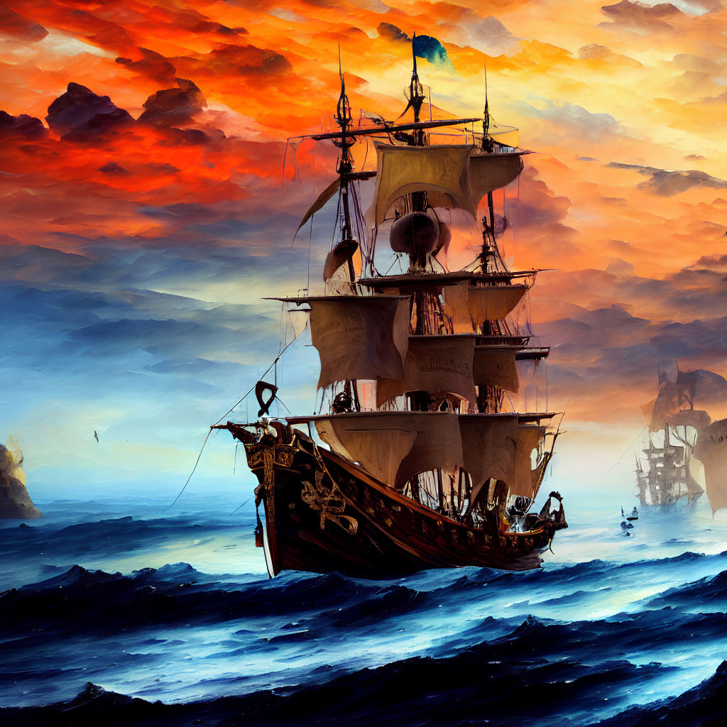 Sailing ship on turbulent ocean waves at sunset