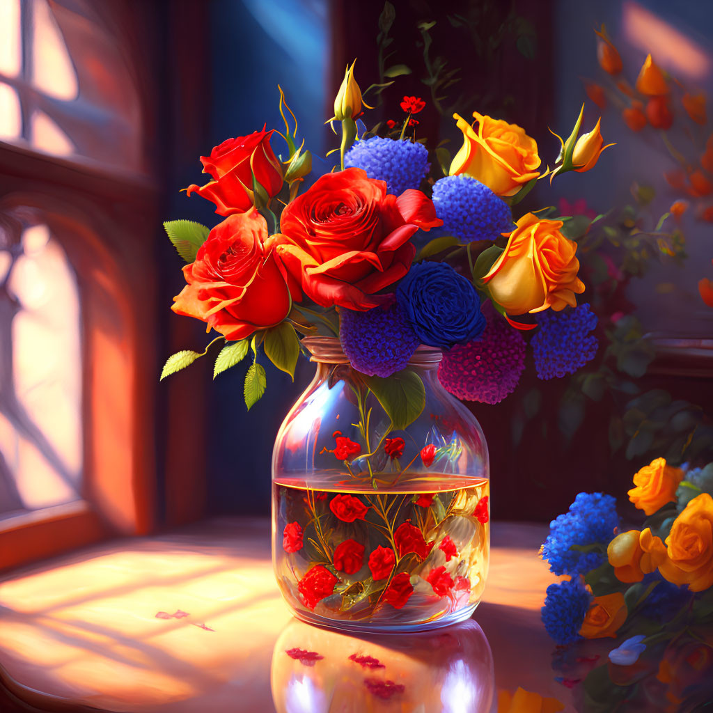 Colorful bouquet of red, yellow, and blue flowers in glass vase by sunlit window