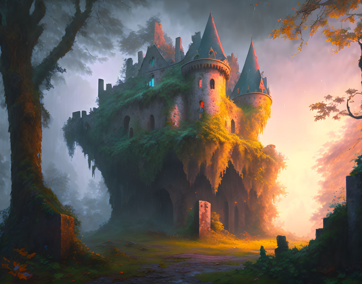 Overgrown castle in misty forest with warm light and ancient trees