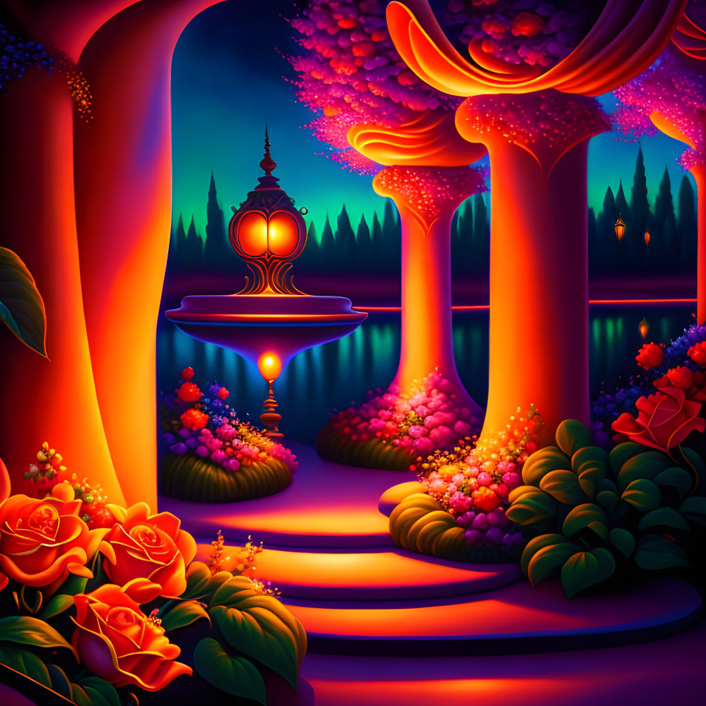 Colorful Fantasy Night Landscape with Glowing Trees and Luminous Lantern