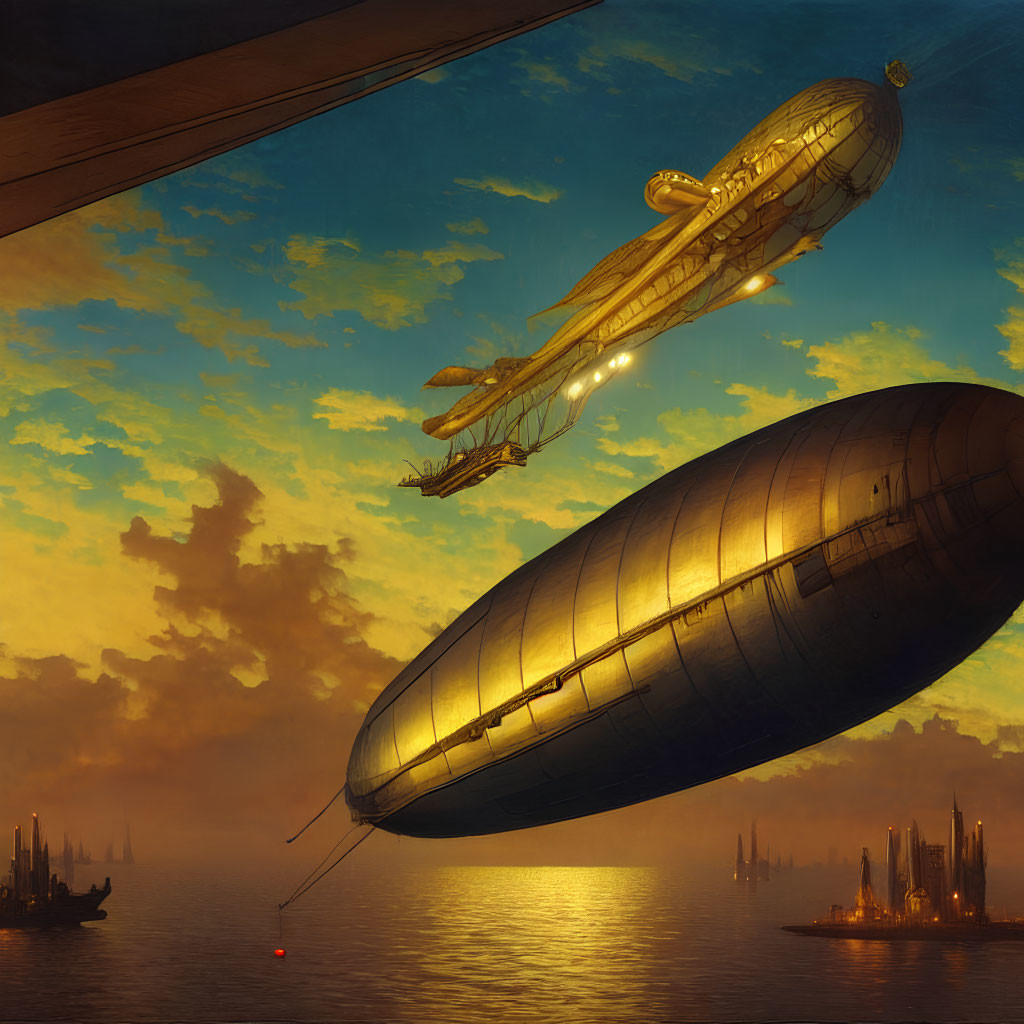 Airships over serene sea at sunset with city silhouette in dusky sky