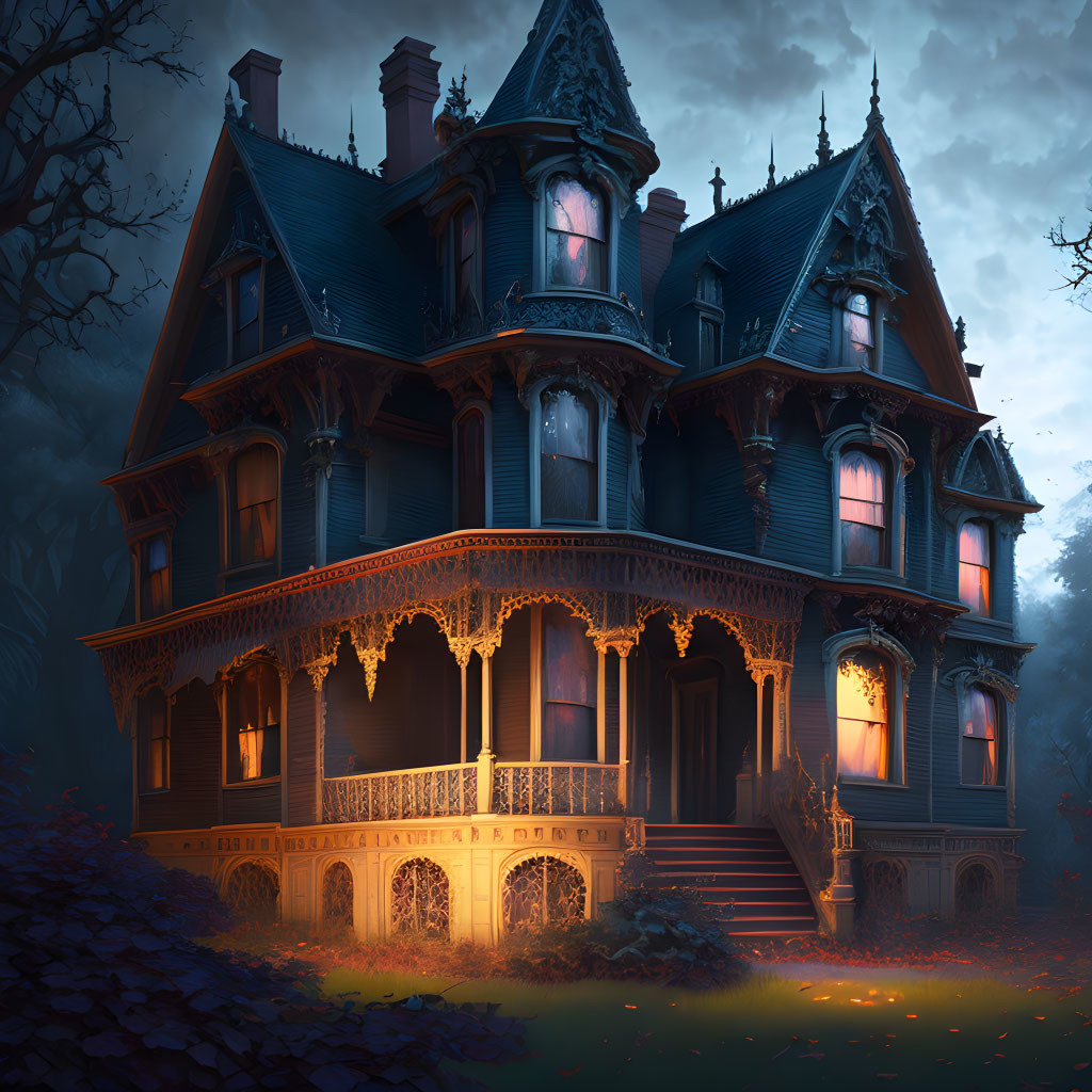 Victorian House at Dusk with Illuminated Windows and Dark Woods