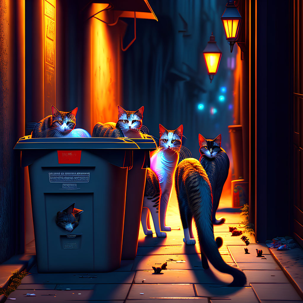 Four stylized cats with glowing eyes in a neon-lit alleyway at night.