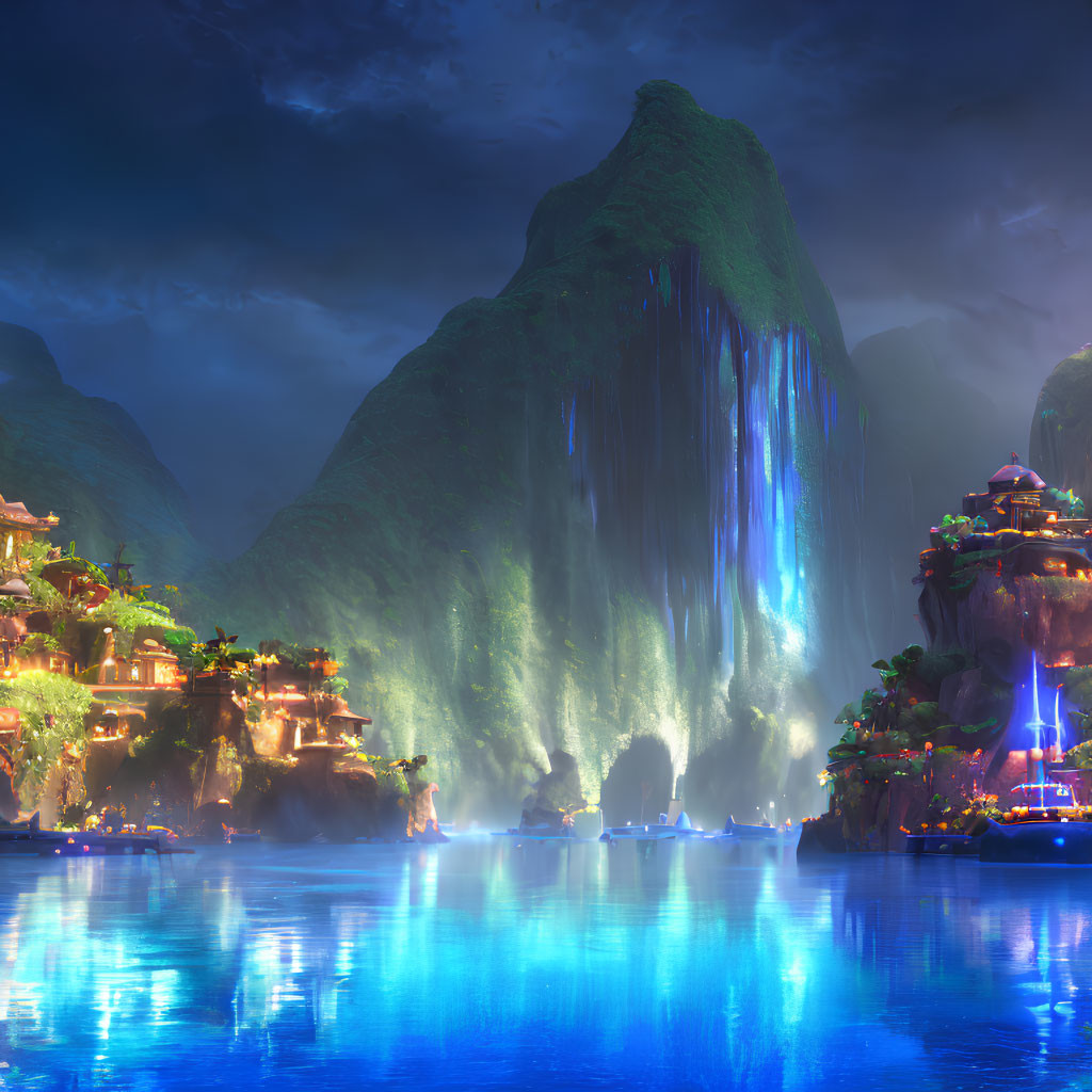 Nighttime landscape: illuminated waterfalls on verdant mountain with glowing structures