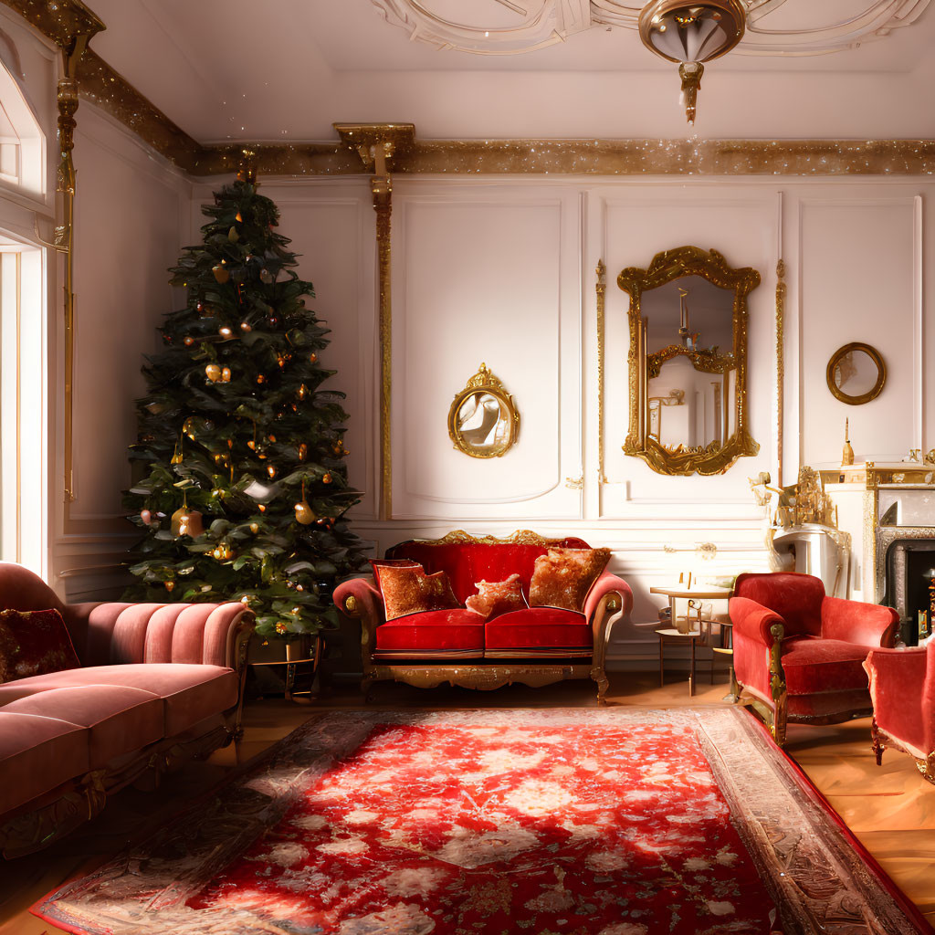 Luxurious Christmas-themed living room with golden decor and cozy ambiance