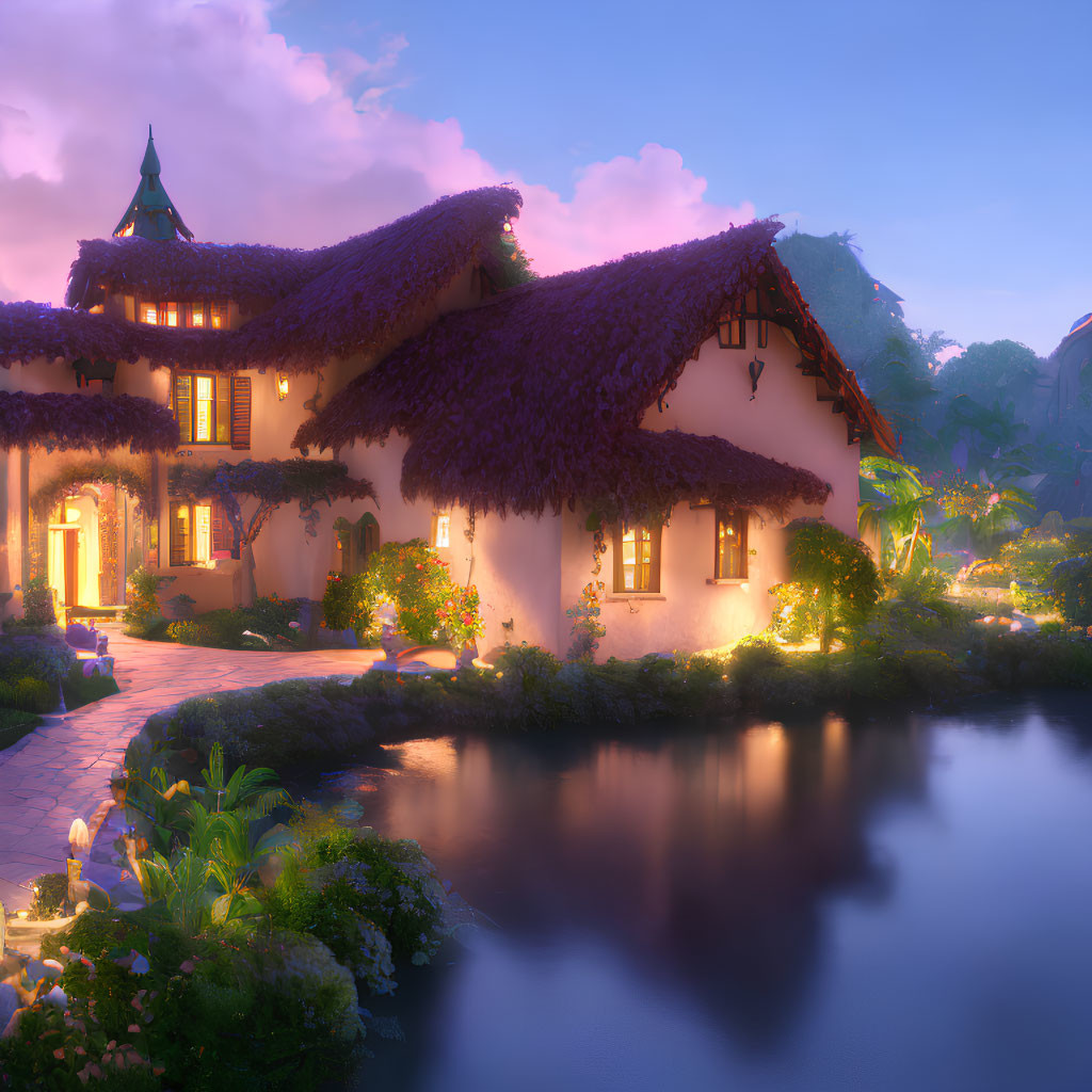 Thatched roof fairytale cottage at dusk with gardens and pond