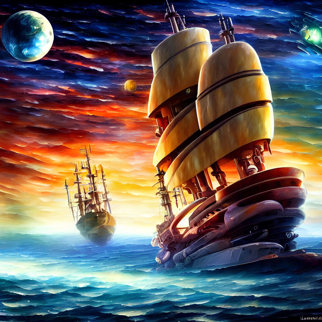 Majestic sailing ships on fantastical sea with starry sky & planets.