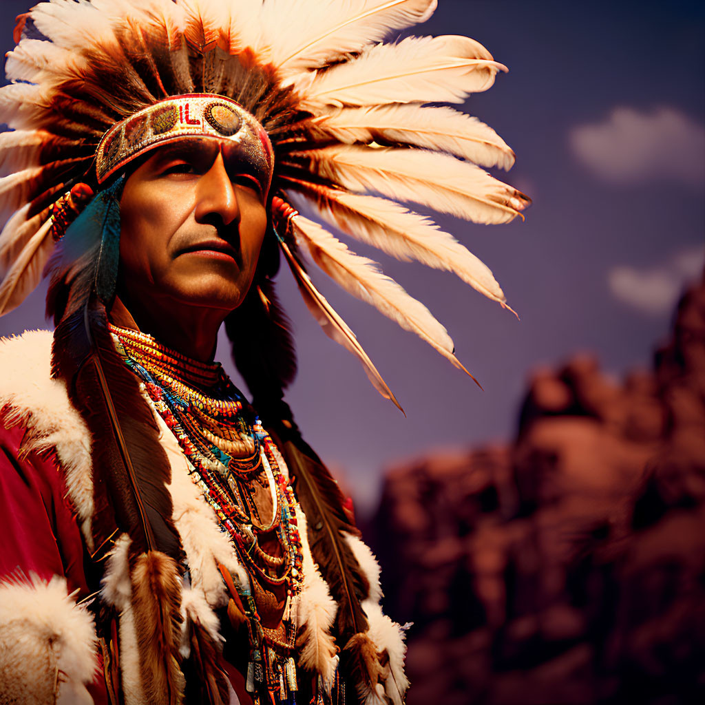 Portrait of person in Native American headdress with feathers and beads against dusky sky and rocky terrain