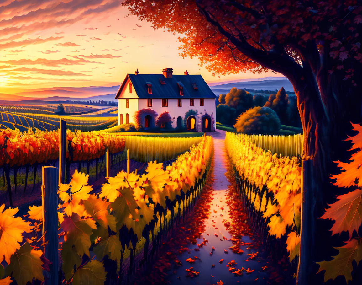 Autumn Vineyard Sunset Scene with White House and Vibrant Sky