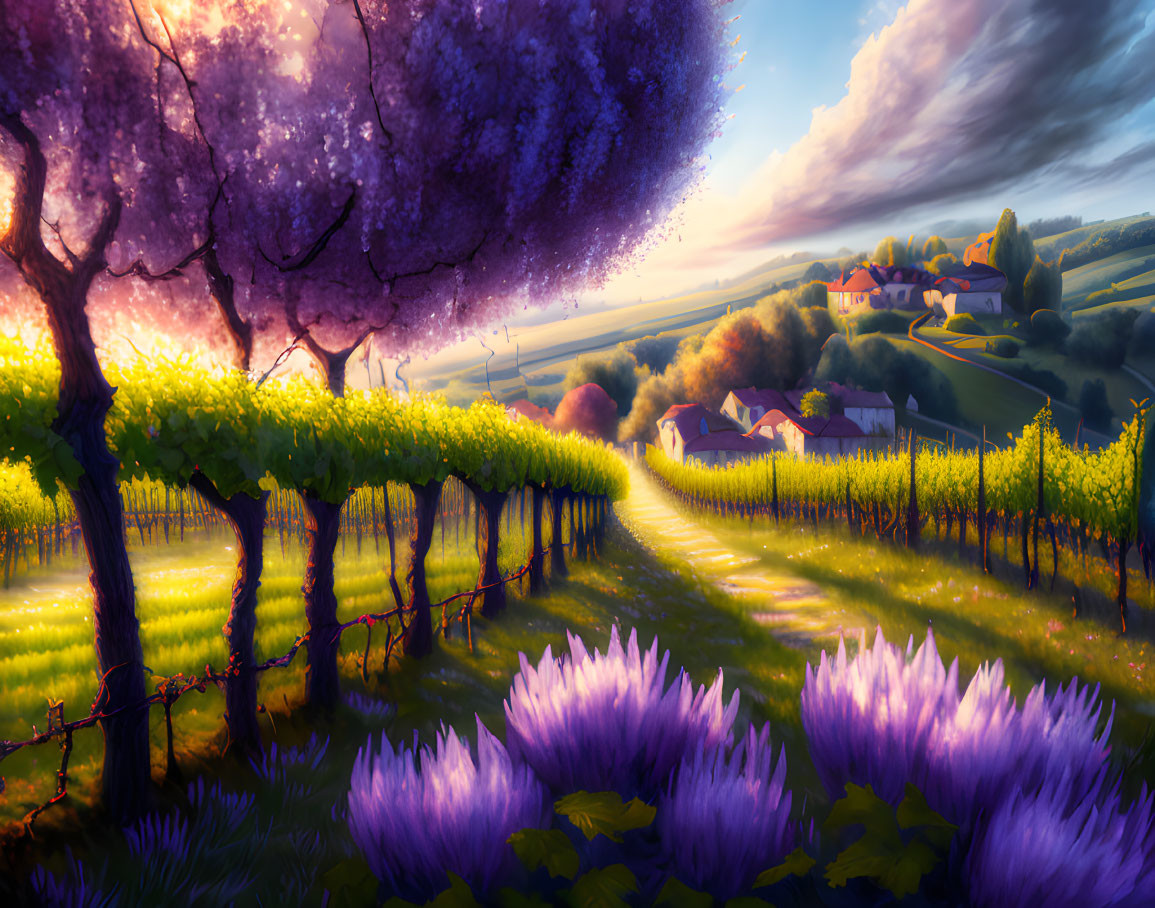 Scenic landscape with lush vineyards and purple tree canopy