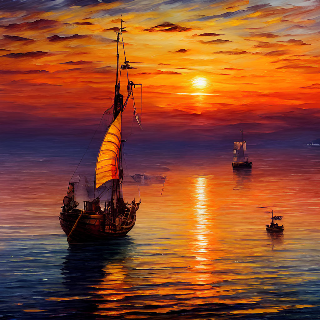 Colorful sunset over sea with sailboat and ships, warm hues reflecting.