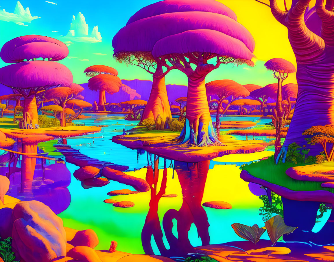 Surreal landscape with oversized mushroom-like trees and colorful palette