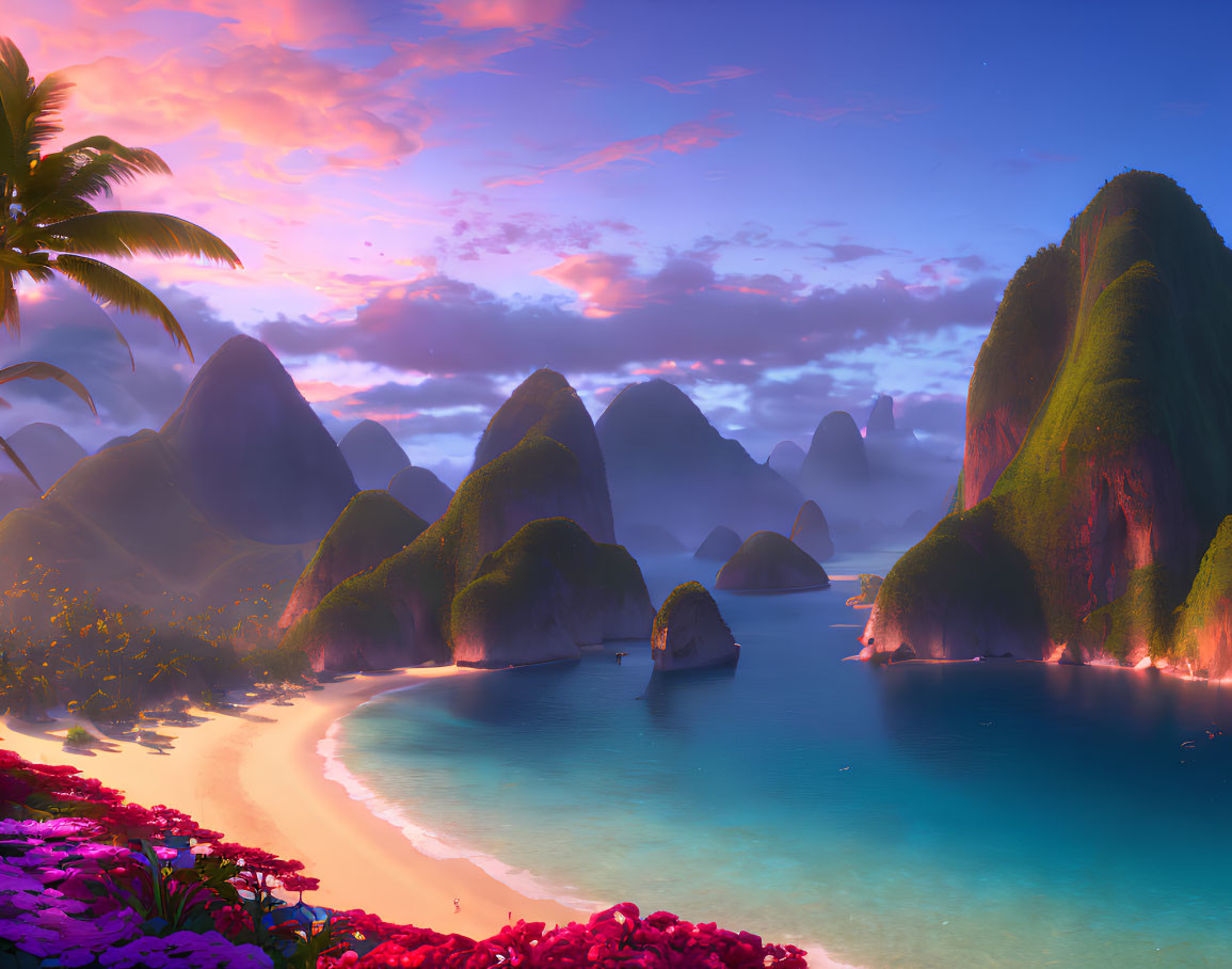 Tranquil tropical beach sunset with lush green hills and vibrant flora