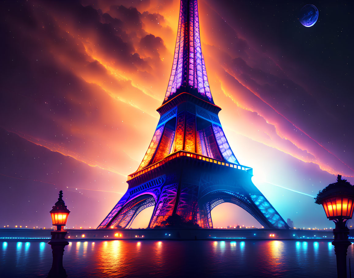 Iconic Eiffel Tower Night Scene with Moon and Street Lamps